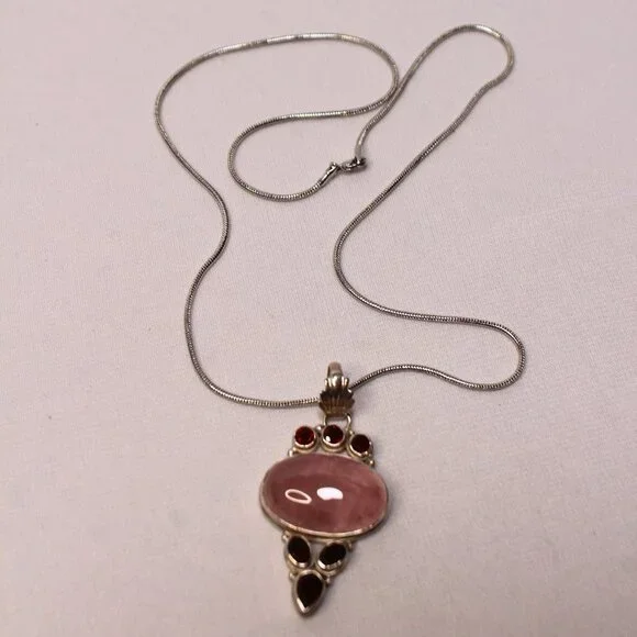 Sterling Silver Rose Quartz Gemstone and Red Glass Stone Necklace - Picture 5 of 13